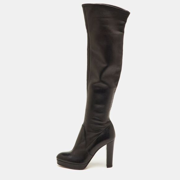 Sergio Rossi Size 36.5 Black Leather Platform Knee Length Boots
